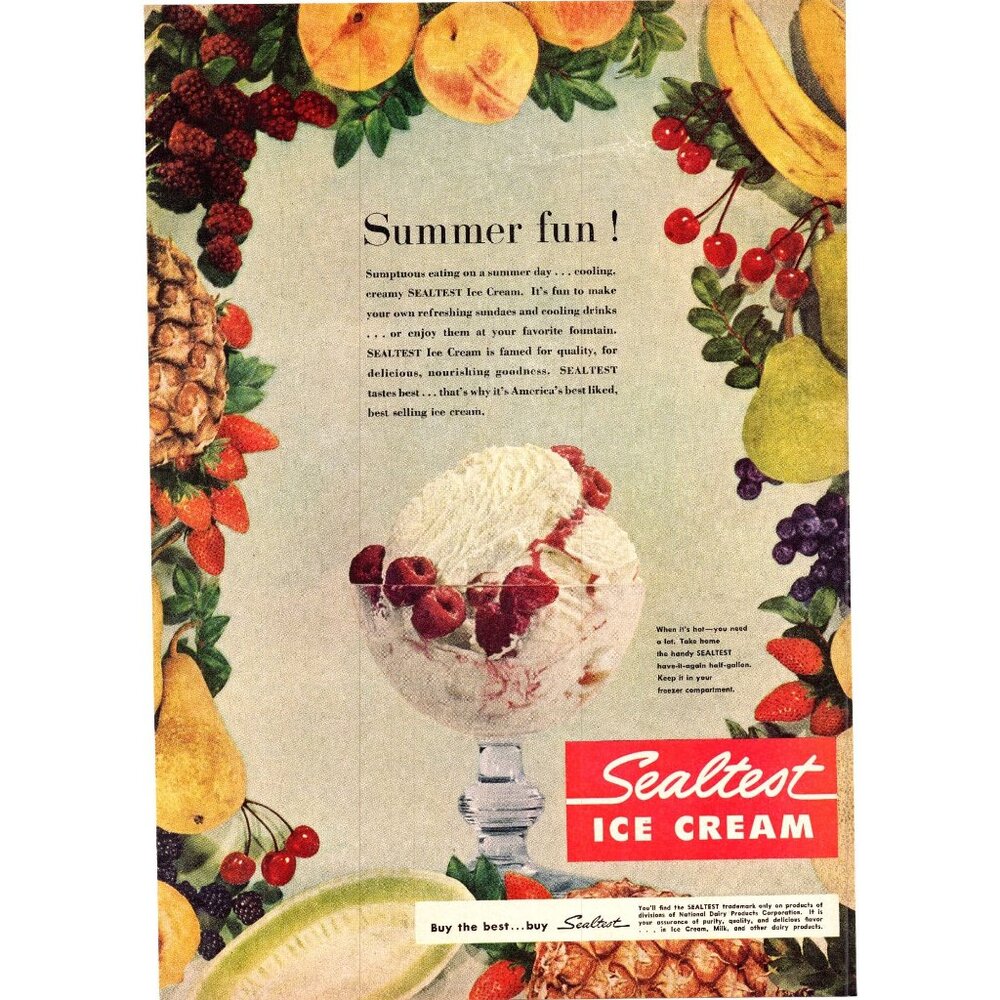 1950 Sealtest Ice Cream Raspberry Sundae Vintage Print Ad Summer Fun Wall Art